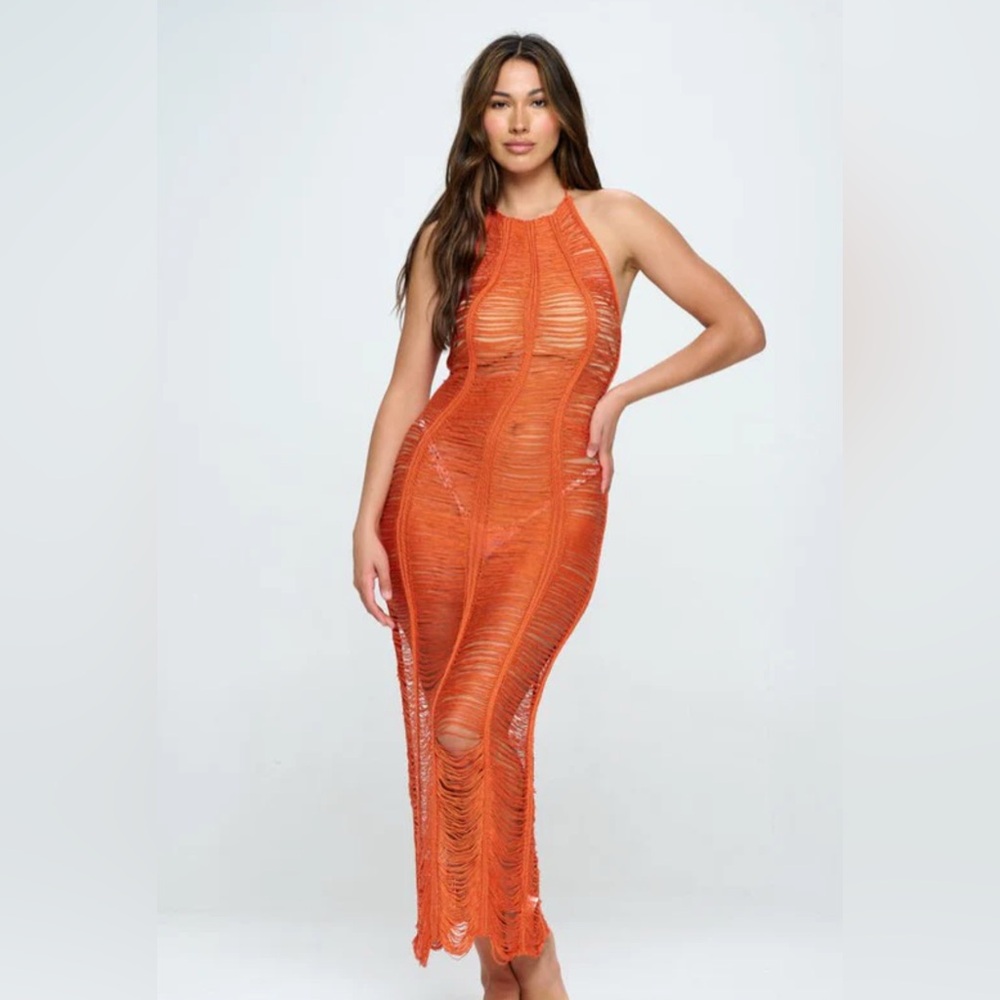 Orange Sheer Halter swim cover up
